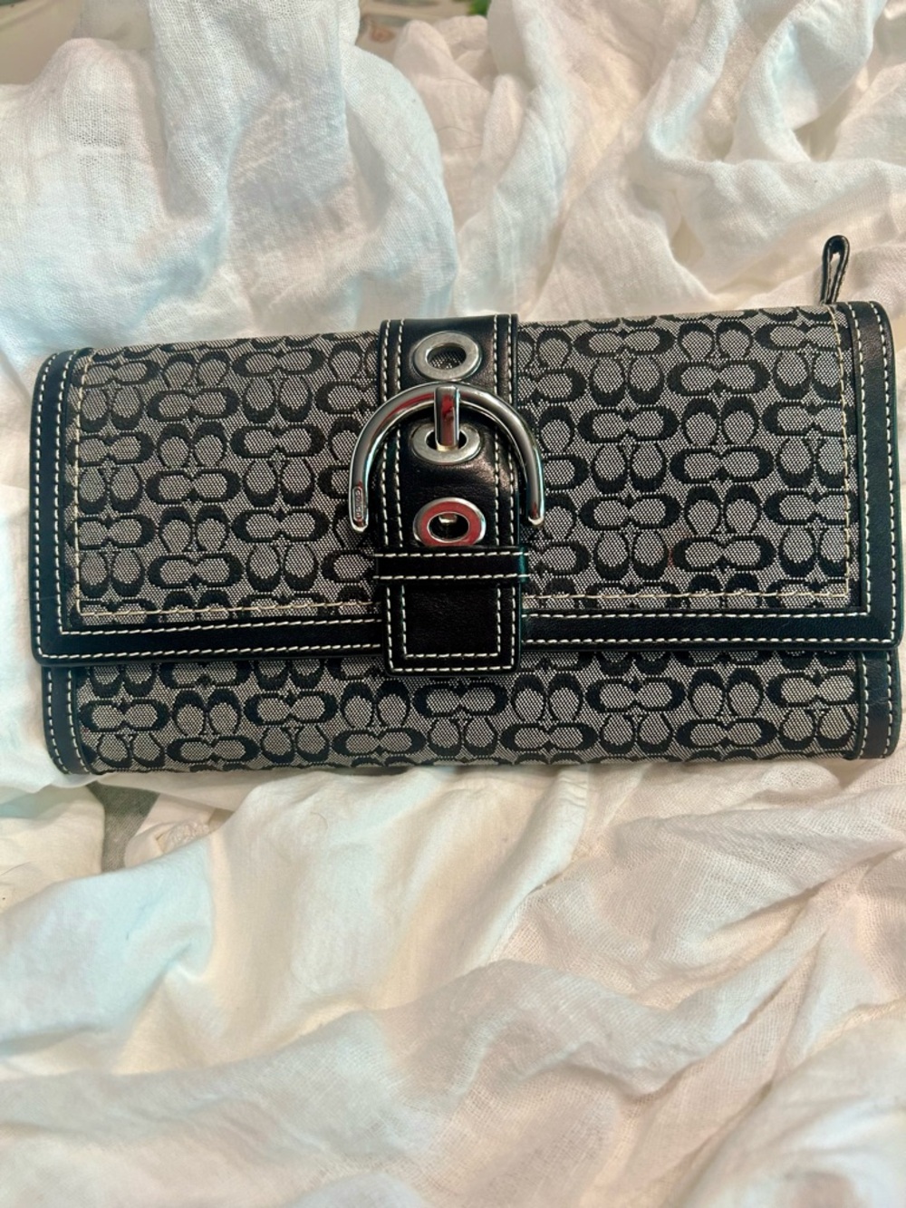 Coach Black and Gray Signature Canvas Buckle Clutch